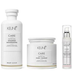 Hajápoló Csomag a Csillogásra és Táplálásra - Keune Care Satin Oil & Keune Care Keratin Smooth: Sampon 300 ml, Maszk 200 ml, Tápláló és Erősítő Szérum 25 ml kép