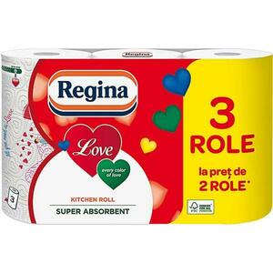 Konyhai Törlőpapír, 3 Rétegű - Regina Love Kitchen Roll, 2 tekercs+1 kép