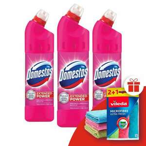 Domestos Extended Power fertőtlenítő hatású folyékony Tisztítószer Pink Fresh 3x750ml + Ajándék Vileda Törlőkendő kép