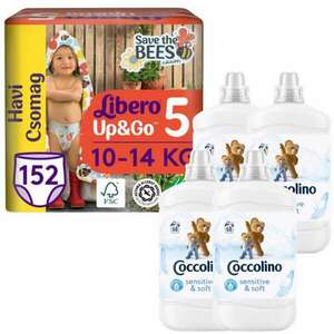 Coccolino Sensitive Pure Öblítő 272 mosás 4x1700ml + Libero Up&Go havi Pelenkacsomag 10-14kg Junior 5 (152db) kép