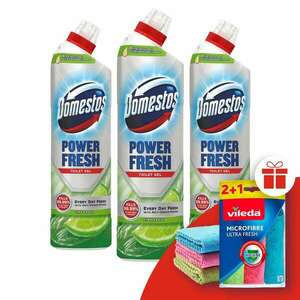 Domestos Power Fresh WC Tisztító Gél Lime 3x700ml + Ajándék Vileda Törlőkendő kép