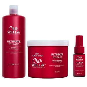 Hajápoló Csomag Javító Hatással Sérült Hajra - Wella Professionals Ultimate Repair: Sampon Ultimate Repair Shampoo, 1000 ml + Balzsam Deep Conditioner, 500 ml + Javító Hajszérum Miracle kép