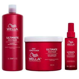 Hajápoló Csomag Javító Hatással Sérült Hajra - Wella Professionals Ultimate Repair: Sampon Ultimate Repair Shampoo, 1000 ml + Balzsam Deep Conditioner, 500 ml + Javító Hajszérum Miracle kép