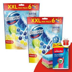 Domestos Power5 WC frissítő blokk mix Lime & Ocean (12x50g) + Ajándék Vileda törlőkendő kép