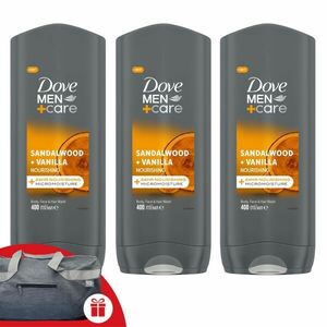 Dove Men+Care férfi Tusfürdő Sandalwood + Vanilla 3x400ml + Ajánd... kép